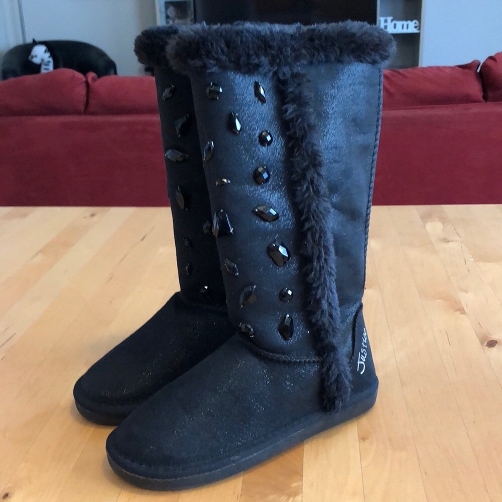 BRAND NEW JUSTICE GIRLS FASHION WARN FUR BOOTS BLACK & BLACK RHINESTONES size 13